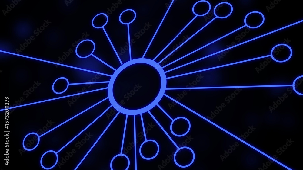 Poster abstract blue illuminated connection network with glowing lines and circles in dark space