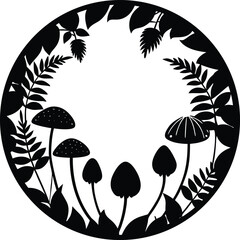 Round wreath with mushrooms and foliage in a distinctive silhouette style