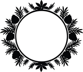 Elegant round frame decorated with pine leaves and berries silhouette
