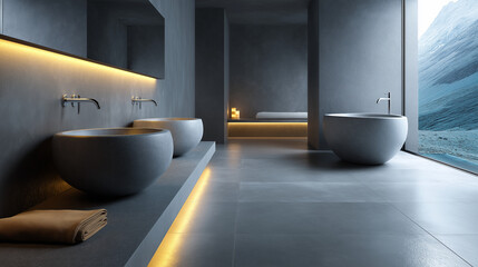 Luxuriöses Badezimmer mit freistehender Badewanne und modernem Design in Grautönen