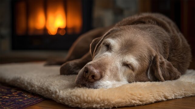 Senior dog peacefully sleeping by a fireplace - Powered by Adobe