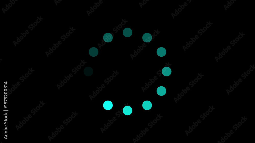 Poster animated loading circle spinning with teal dots on a dark black background