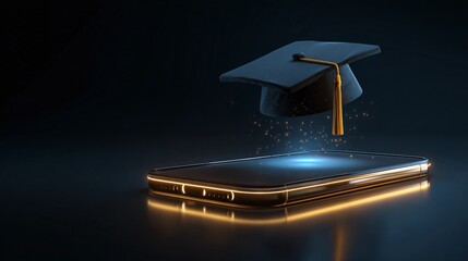 Graduation cap floats above a smartphone, symbolizing online learning, academic success, and digital education. Modern, sleek design on a dark background.