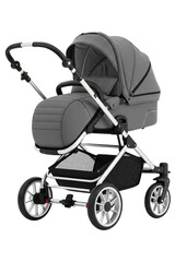 Gray baby stroller with canopy and padded seat isolated on a transparent background