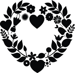 Heart shaped floral wreath with love themed elements in a striking silhouette © rashelrs43