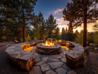 Beautiful backyard fire pit at sunset