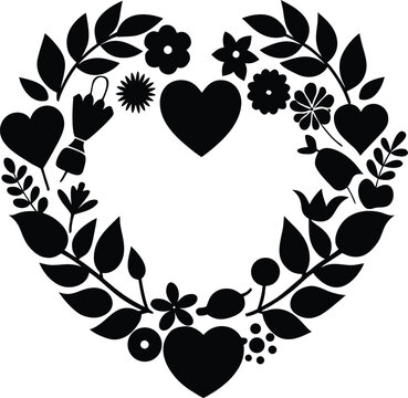 Heart shaped floral wreath with love themed elements in a striking silhouette