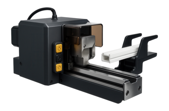 Servo-driven cut-off machine with a linear guide and stacker system for plastic profile cutting in a plastics factory