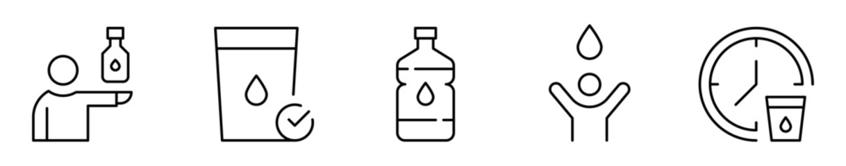 Conjunto de iconos de hidratación. Consumo de agua. Hidratarse, vaso de agua, botella reutilizable, bienestar y recordatorio. Ilustración vectorial 