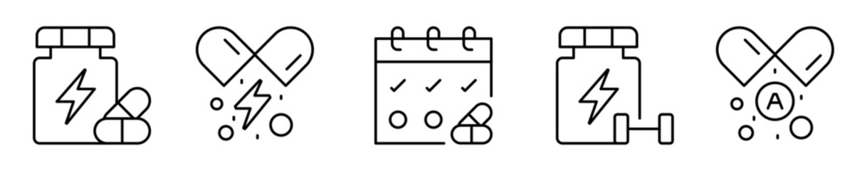 Conjunto de iconos de suplementos y vitaminas. Micronutrientes para la salud. Suplemento energético, cápsula, consumo diario, apoyo deportivo y vitamina específica. Ilustración vectorial