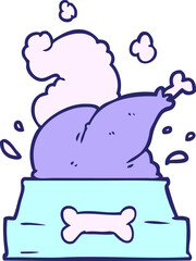 cartoon whole cooked turkey crammed into a dog bowl for a happy christmas pup in bright neon color