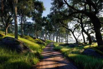 Journey through a serene forest path at dawn, where sunlight dances among the trees and whispers of nature echo in the fresh morning air