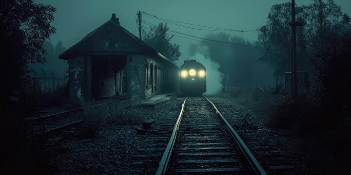 Ghost train arriving at a forgotten midnight station