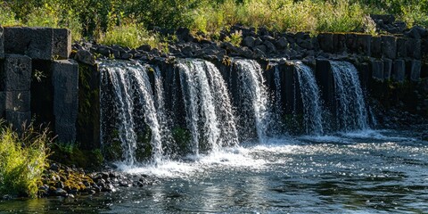 A waterfall cascading over layered basalt columns