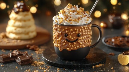 Festive hot chocolate in a decorated mug, alongside a dessert