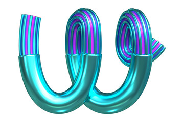Single-Line 3D font. Letter W rendered with metallic tubes and gradient stripes. High quality 3D rendering.