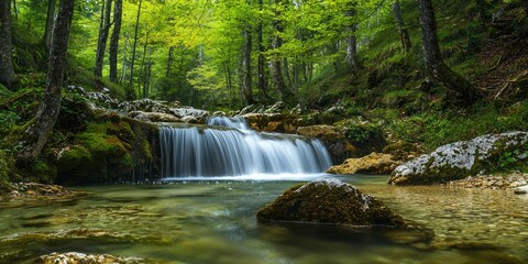 A waterfall flowing gently through a serene forest glade