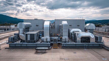 Obraz premium Rooftop HVAC System: A comprehensive view of an industrial HVAC setup on a flat roof. Ductwork, air conditioning units, and metal structures against a cloudy sky.