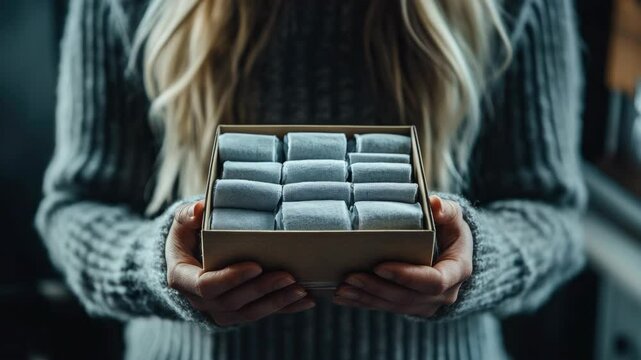 A close-up of hands holding a box of tea, presenting the packaging in a clear and elegant manner. A gift that promises comfort and warmth.