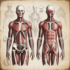 Vintage Anatomical Illustration of Human Musculature and Skeleton with Sepia Background and Classical Line Work