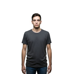 Obraz premium Surprised Young Man in Gray T Shirt Against Black Background