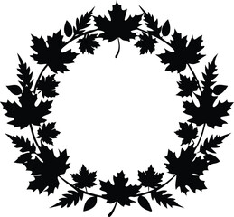 Elegant circular autumn wreath with maple leaves silhouette