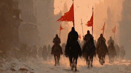 Military Procession: Riders with banners advance through a town. A medieval-style army on horseback moves towards an unknown destination.