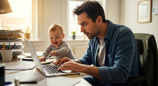 A father working on a laptop at home with his baby beside him near a window during the daytime hours