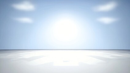 Light-filled, empty space; pale blue sky with soft clouds, reflecting on a light gray floor