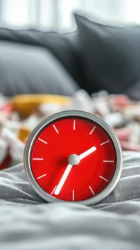 The clock, with its red face and silver border, is a modern accessory that adds a touch of color and style to any bedroom setting.