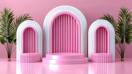 Three tiered pink and white arched display podiums against a pink background with palm trees