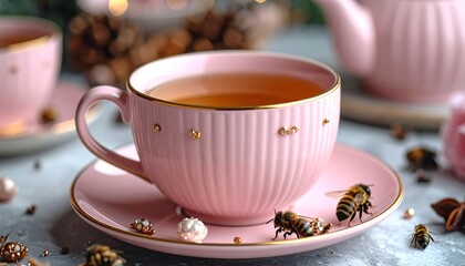 Pink teacup with bees and festive decor