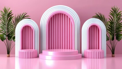 Three pastel pink and white arches with ribbed, tiered podiums; tropical plants