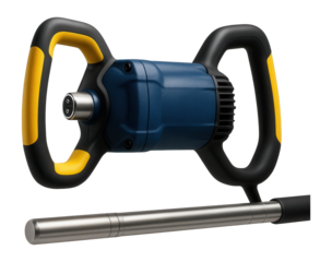 Long-reach concrete vibrator with an extendable shaft and heavy-duty motor for deep foundation work in construction.