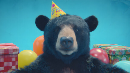 A black bear wearing a birthday hat sitting in front of many colorful wrapped presents, creating a cute and humorous scene perfect for children’s celebrations and whimsical designs.
