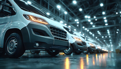Row white commercial vans parked inside well-lit warehouse. Fleet delivery vehicles ready for transport, shipping. Business transport logistics, automotive industry.