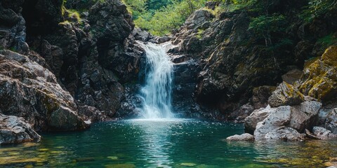 A waterfall plunging into a deep, clear mountain pool