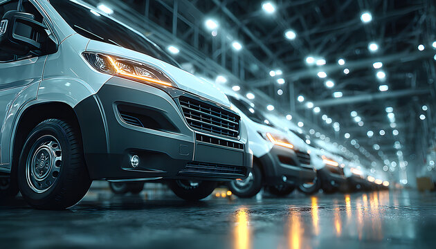 Fototapeta Row white commercial vans parked inside well-lit warehouse. Fleet delivery vehicles ready for transport, shipping. Business transport logistics, automotive industry.