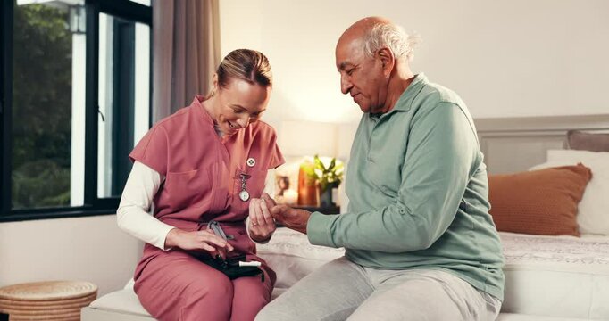 Woman, nurse and senior man with diabetes for prick, blood test or pen on finger in elderly care in home. Female person, pensioner or medical caregiver with needle for healthcare and glucose monitor