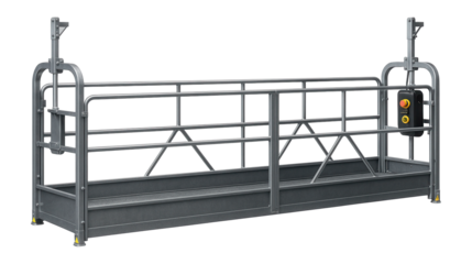 Adjustable-length suspended platform with a galvanized steel frame for facade repair work on commercial buildings.