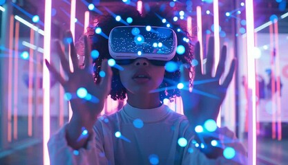 Student using VR headset & AI technology in smart classroom. Artificial intelligence, machine learning, virtual reality in education. Interactive learning, innovation, digital tools, futuristic school - Powered by Adobe