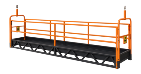 High-capacity suspended scaffold with a truss design for facade panel installation on large buildings.