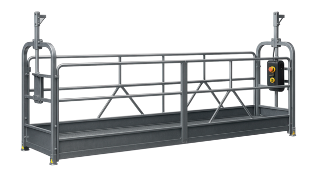 Adjustable-length suspended platform with a galvanized steel frame for facade repair work on commercial buildings.
