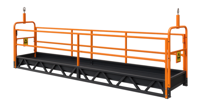 High-capacity suspended scaffold with a truss design for facade panel installation on large buildings.