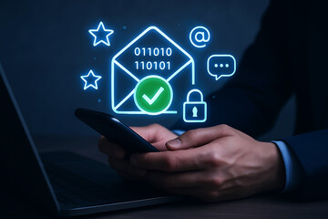 Person using smartphone with glowing digital security and communication icons