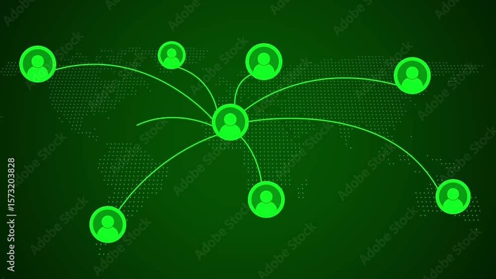 Poster world map overlaid with digital connections and glowing data points, representing the flow of inform