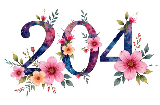 Floral number 204 with watercolor flowers on white background.
