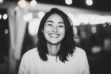 Monochrome portrait of a young Asian woman laughing brightly outside a cafe at twilight. Her long wavy hair frames a joyful expression, capturing a candid moment full of warmth and charm