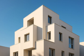 Fototapeta premium Modern minimalist apartment building exterior, bright sunlight, clean lines, architectural design.