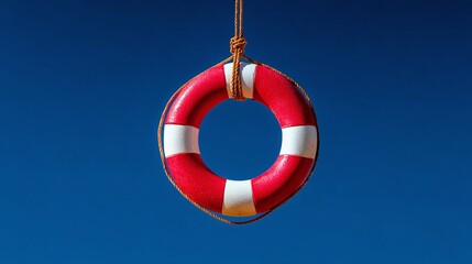 Red and white life preserver hanging against a deep blue sky, offering a sense of safety and assistance. Nautical theme for sea rescue.